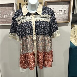 Floral Patchwork Blouse with Lace Trim